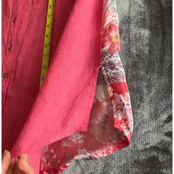 Karyn Seo Boho Tunic Handmade 100% Linen Shirt Large Coral Buttons Floral Back - Picture 8 of 10